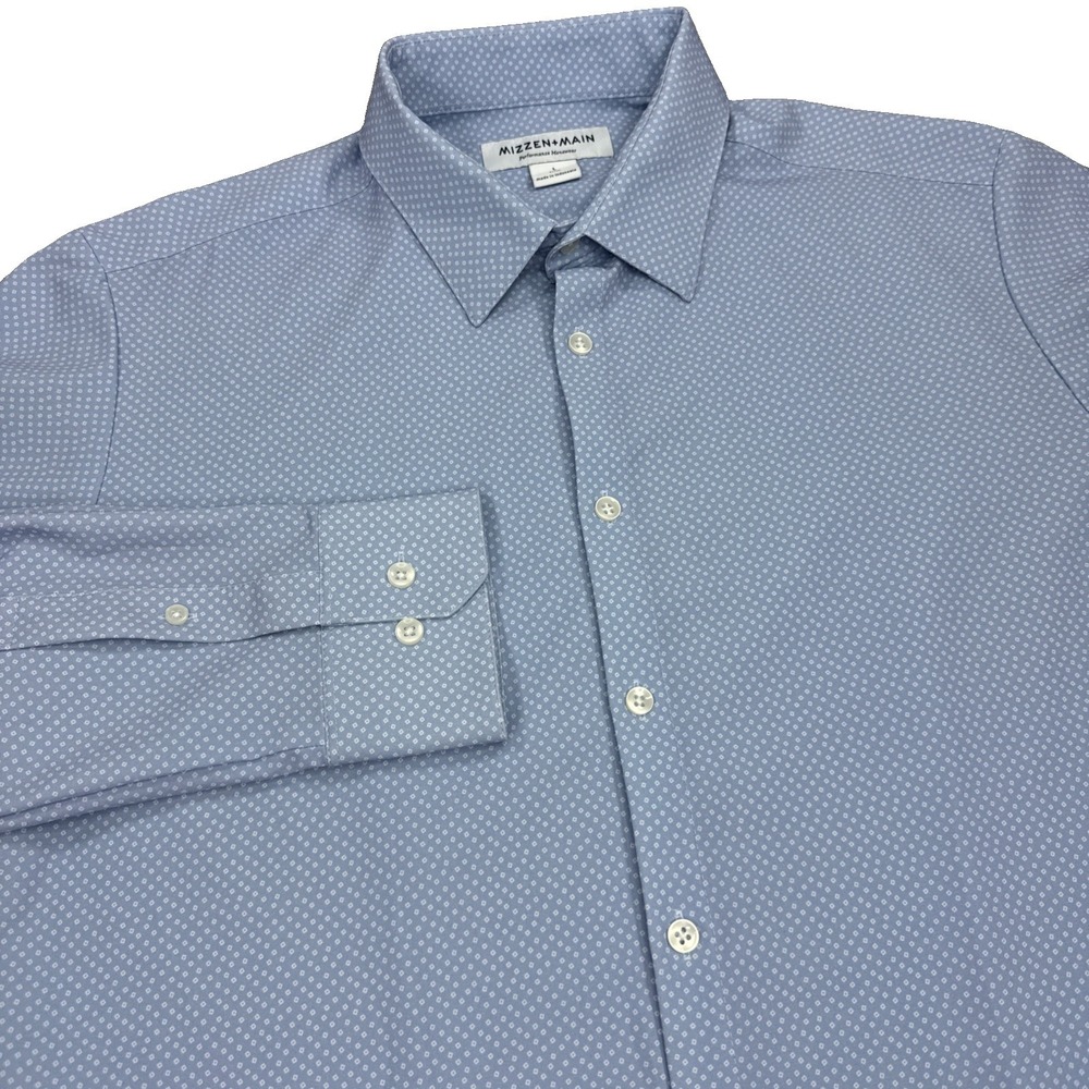 Mizzen + Main Dress Shirt Mens L Trim Fit Blue White Geometric Performance